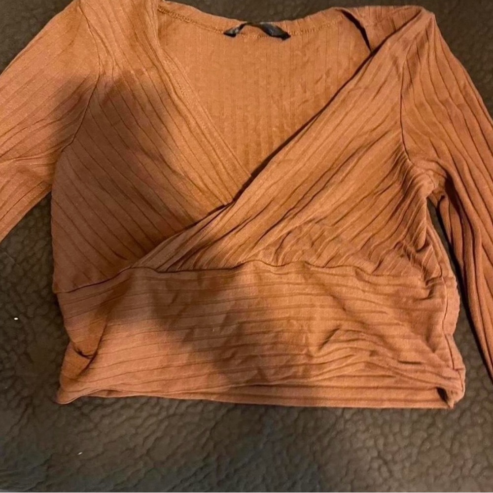 SHEIN Rust Ribbed Wrap Blouse